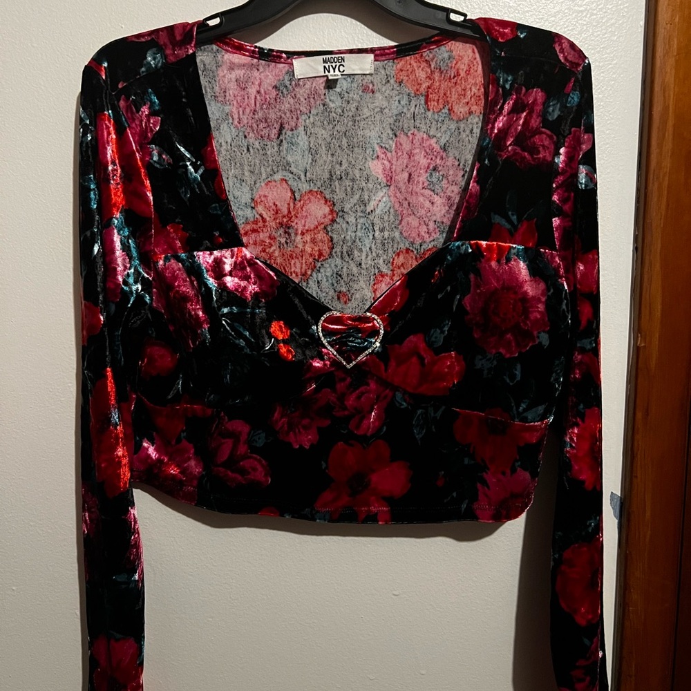 Floral Velvet Top - Red and Black